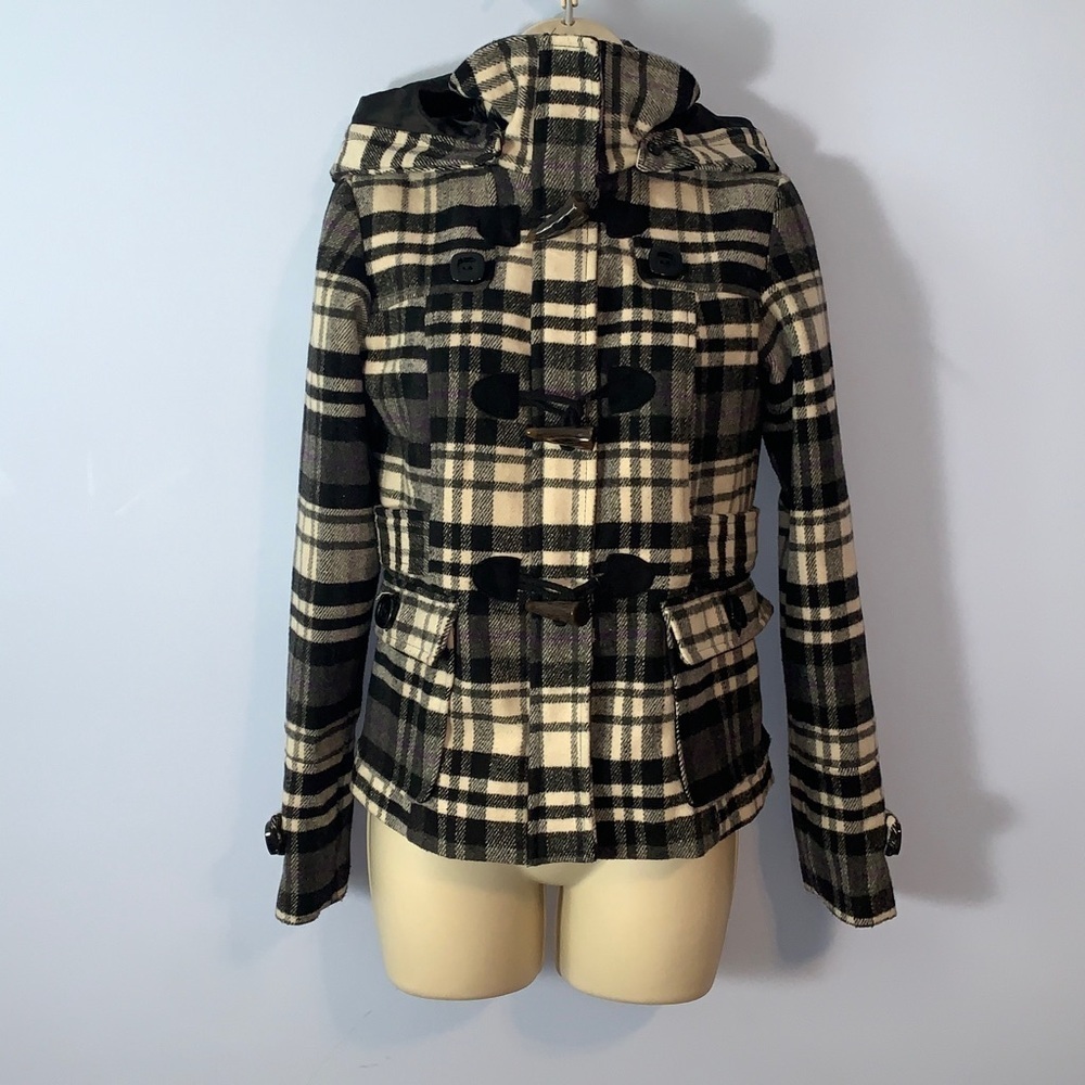 Hydraulic plaid tartan Black White Purple toggle pea hooded coat Y2K size S